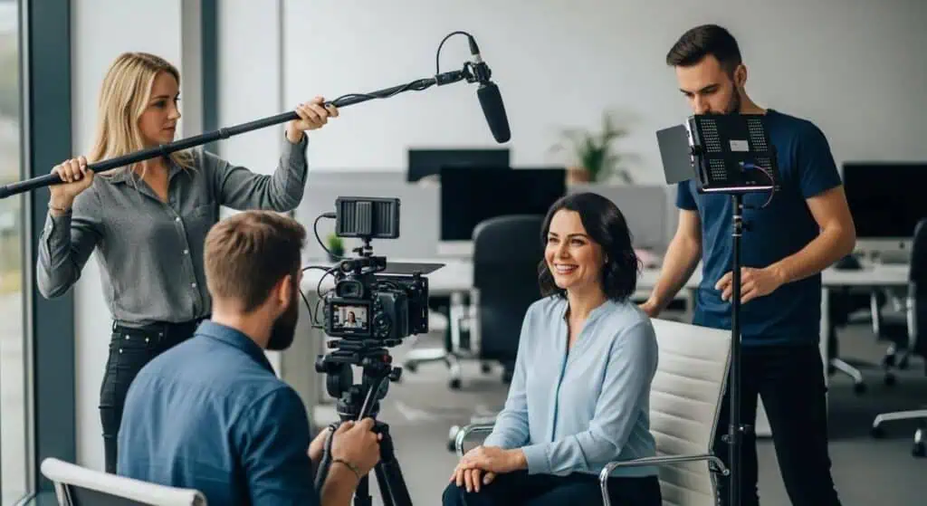 Small production team working with a customer to capture a testimonial